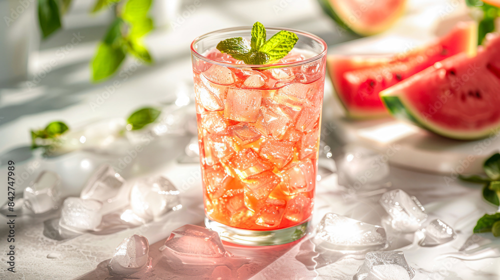 Fresh summer cocktail watermelon juice with ice in a glass surrounded by watermelon slices on light background with hard shadows. watermelon lemonade with mint leaves. Menu, recipe Fresh summer cocktail watermelon juice with ice in a glass surrounded by watermelon slices on light background with hard shadows. watermelon lemonade with mint leaves. Menu, recipe