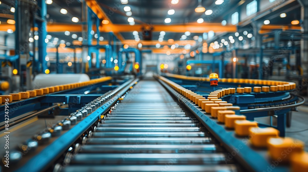 Modern industrial factory with automated machinery and conveyor belts for manufacturing and transportation. Blue steel machinery and equipment in empty warehouse modern production technology Modern industrial factory with automated machinery and conveyor belts for manufacturing and transportation. Blue steel machinery and equipment in empty warehouse modern production technology