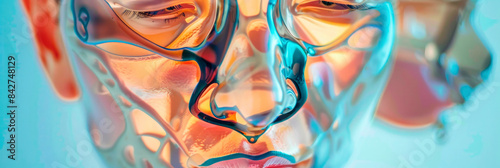 close-up, projection of a human skull on the face with a hologram, pain in the nose, chronic rhinitis, sinusitis, purulent processes, background for a banner, empty space for text