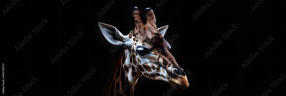 The majestic head of a giraffe stands out against a studio-lit black background, showcasing its unique pattern and graceful features The majestic head of a giraffe stands out against a studio-lit black background, showcasing its unique pattern and graceful features