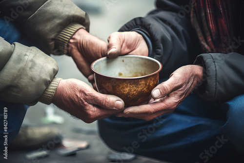 A man feeds a poor old man on the street. A homeless man holds a bowl of food in his hands, close-up. Concept: mercy and helping people in need.