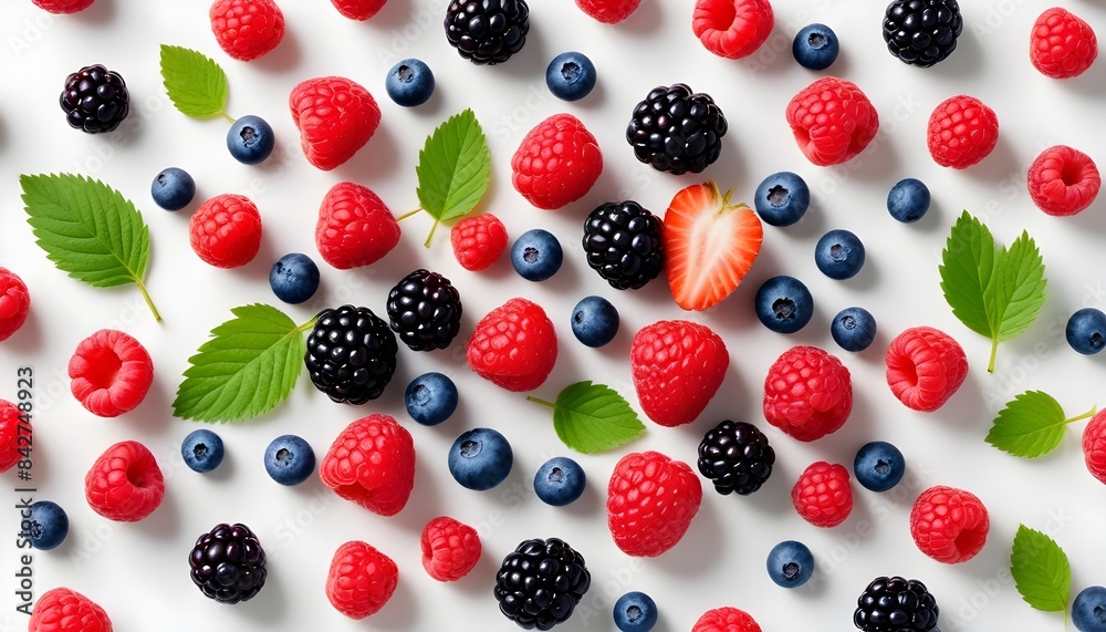 Juicy berries background, including raspberries, blueberries, blackberries, and strawberries, artfully arranged on a minimalist white backdrop Juicy berries background, including raspberries, blueberries, blackberries, and strawberries, artfully arranged on a minimalist white backdrop