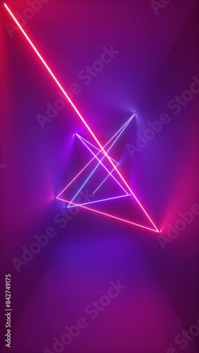 3d abstract neon background, tangled zigzag glowing line moving inside long dark tunnel. Geometrical laser ray path, chaotic ricochet track, lighting beam