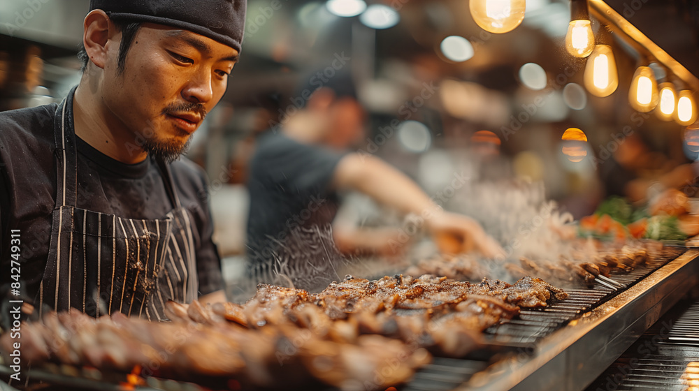 An Asian man cooking meat on a grill at an outdoor food market. An Asian man cooking meat on a grill at an outdoor food market.