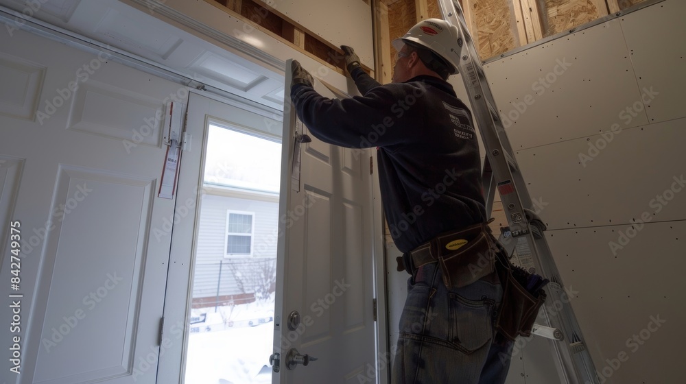 A worker checking for any imperfections or adjustments needed on the new door. A worker checking for any imperfections or adjustments needed on the new door.