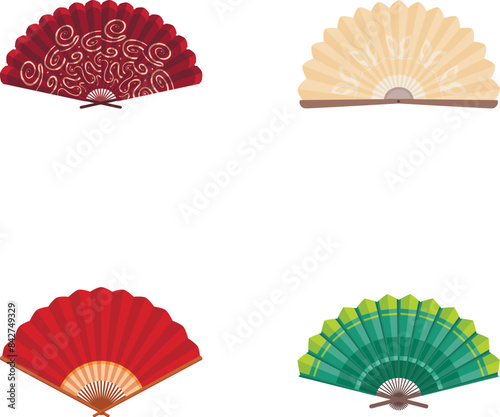Collection of four elegant hand fans with different colors and patterns