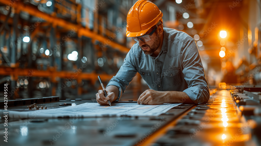 A man in an orange helmet is drawing on blueprints at the factory in a modern light interior of a warehouse with high shelves and machines. A man in an orange helmet is drawing on blueprints at the factory in a modern light interior of a warehouse with high shelves and machines.