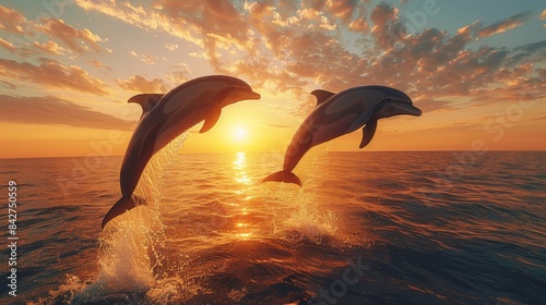 Duo of dolphins mid-air in synchronous motion during a mesmerizing sunset  embodying elegance and companionship