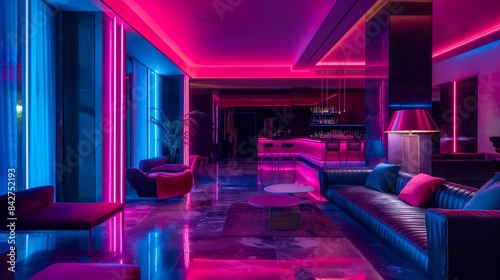 A neon-lit hotel room with vibrant pink and blue lights illuminating modern furniture and decor, reflecting off glossy surfaces