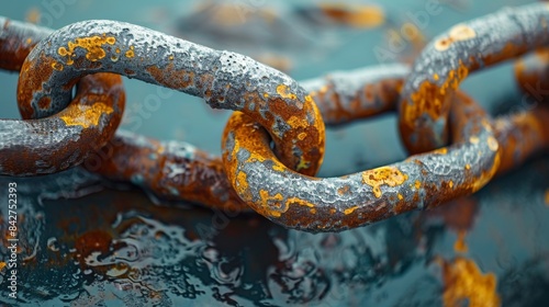 Detailed close-up of a rusty chain on a reflective wet surface with a blue tint © familymedia