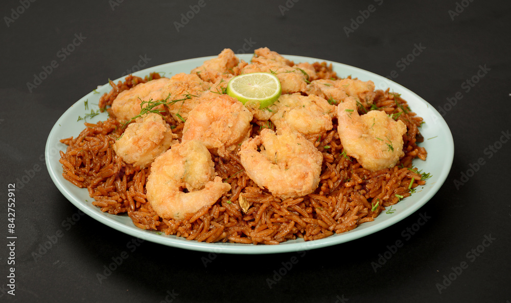 round plate with Shrimp prawns seafood fried with brown Rice Arabic dish black background deferent angle round plate with Shrimp prawns seafood fried with brown Rice Arabic dish black background deferent angle