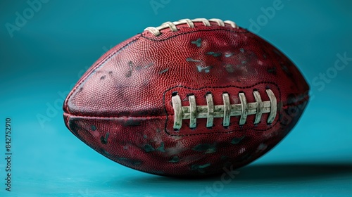 Close-Up of Worn Red American Football on Blue Background
