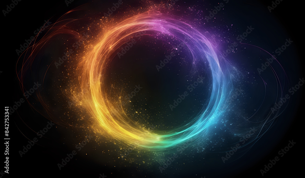 A ring of rainbow colored neon energy waves on a dark background with magical sparks A ring of rainbow colored neon energy waves on a dark background with magical sparks