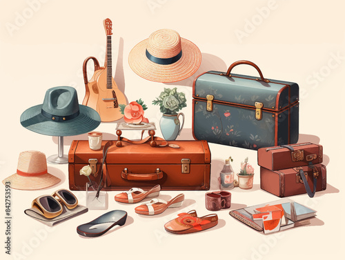 Banner with traveling and tourism elements. Colorful touristic objects like backpack, suitcase, glasses and hat cap. Summer holiday background. Colored flat illustration