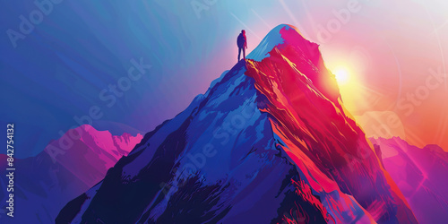 Pinnacle Achiever: Abstract mountain summit with a climber reaching the top, symbolizing reaching goals and milestones photo