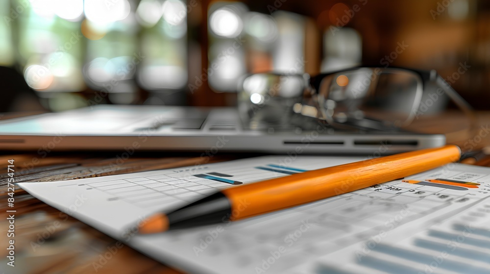 Fototapeta premium Business success depicted on a desk, charts, data, and technology converge. Planning for growth and financial achievement in a modern office