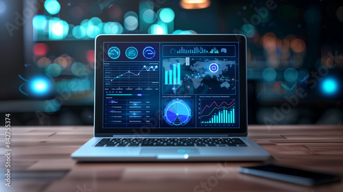 business sales growth data statistics displayed on laptop in modern office, economy or business analysis 