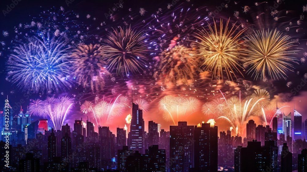 Fototapeta premium A grand fireworks show over a cityscape, with skyscrapers silhouetted against the vibrant explosions.