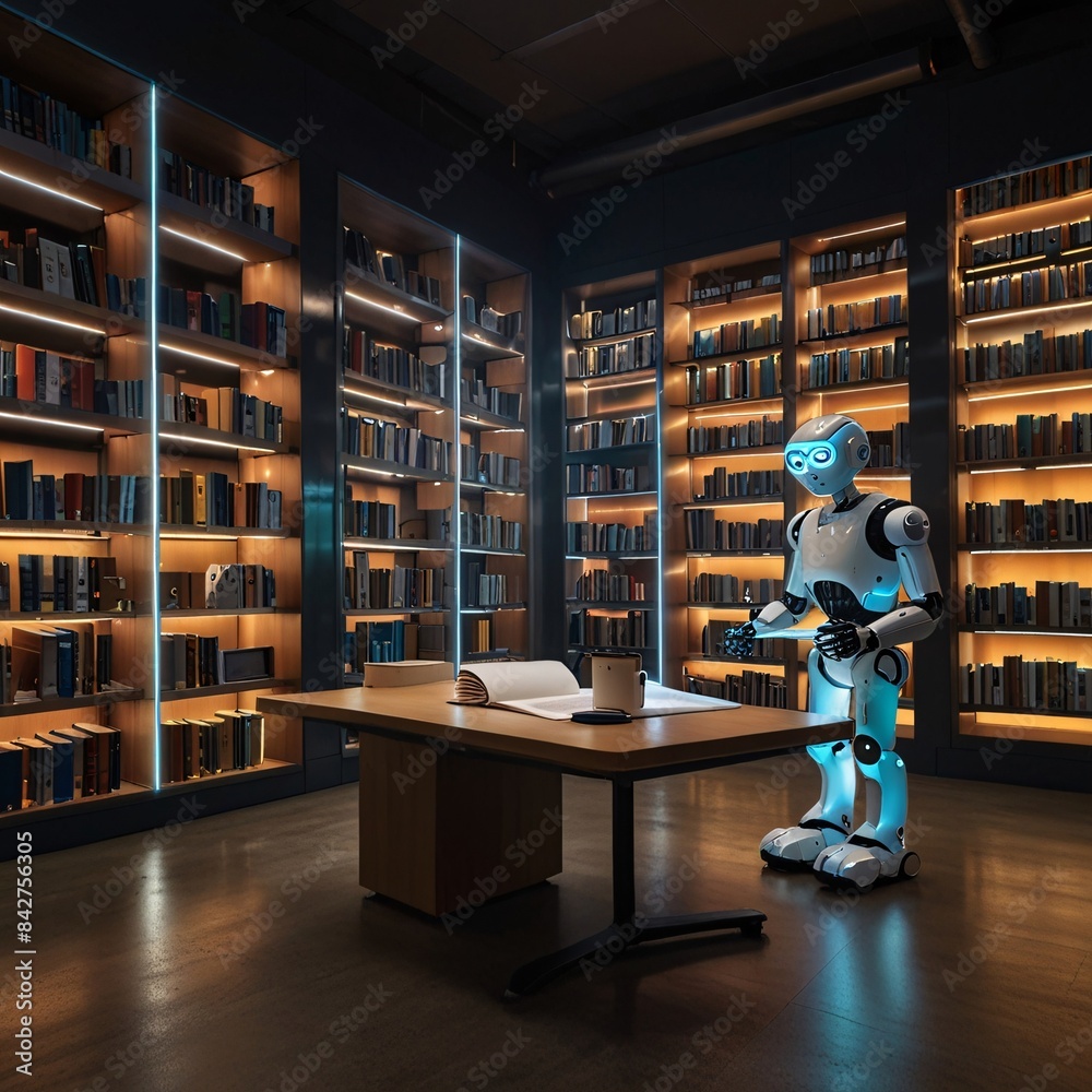 A AI Robot browses towering bookshelves in a quiet library, sunlight streaming through the high windows A AI Robot browses towering bookshelves in a quiet library, sunlight streaming through the high windows