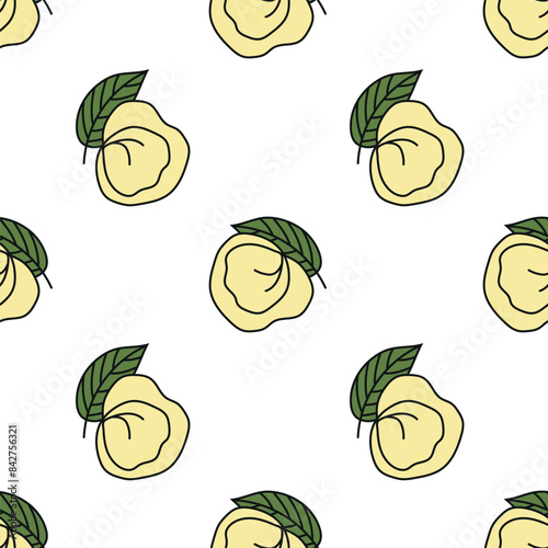 Vector pattern with dumplings and bay leaves. Ravioli. Vareniki. Pelmeni. Seamless background for fabric, wrapping paper, printing.