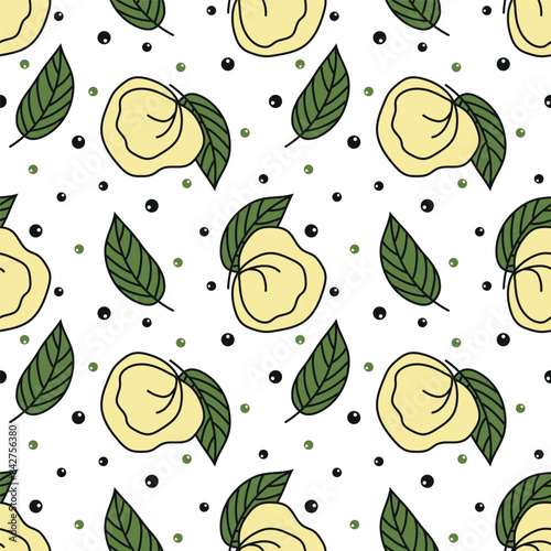 Vector pattern with dumplings, bay leaves and peppercorns. Ravioli. Vareniki. Pelmeni. Seamless background for fabric, wrapping paper, printing.