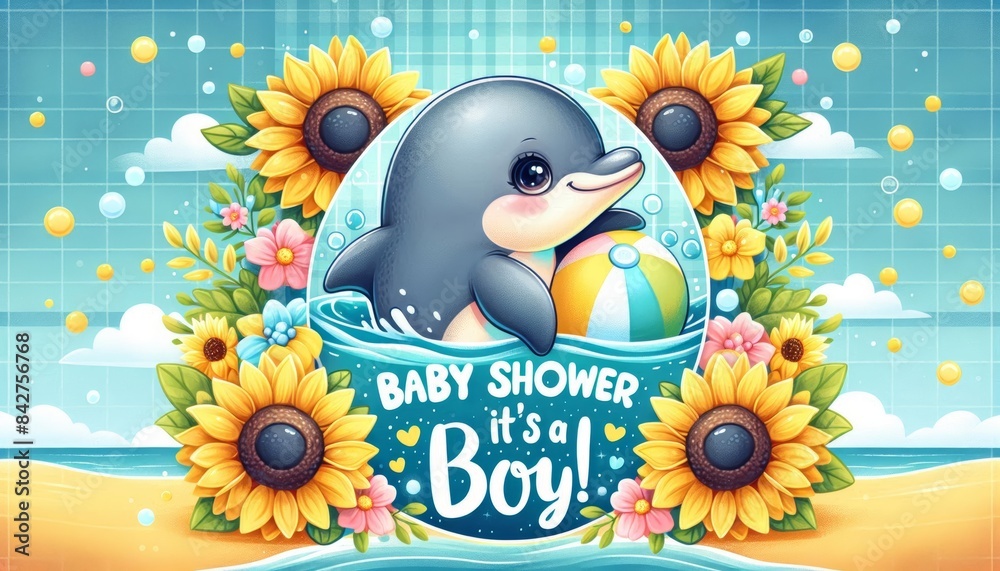 Naklejka premium Charming baby shower invite with dolphin, sunflowers, and playful theme announcing It's a Boy