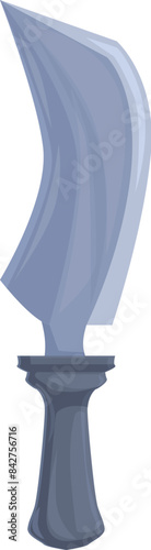 Cartoon style illustration of a curved knife standing upright with the blade facing right
