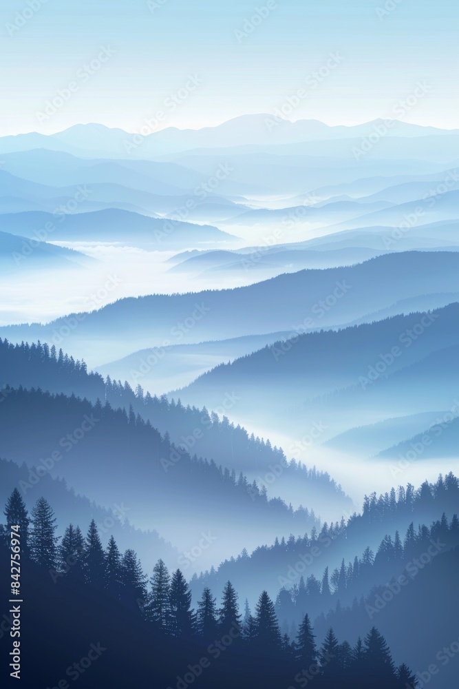tranquil scene of layered mountains shrouded in mist, creating a serene and minimalist backdrop.