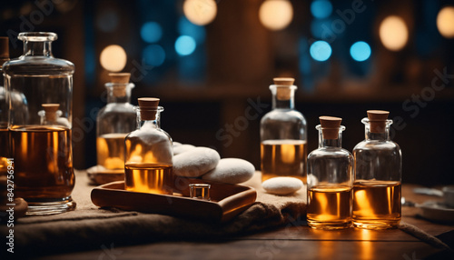 Jars with yellow liquid on the table
