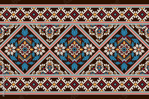 Geometric ethnic floral pattern on brown background vector illustration.flower cross stitch embroidery traditional.Aztec style,abstract background.design for texture,fabric,clothing,decoration,print