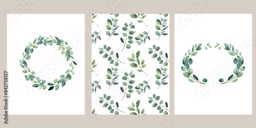 set of cards with watercolor eucalyptus. invitation. postcard banner. eucalyptus sprigs watercolor