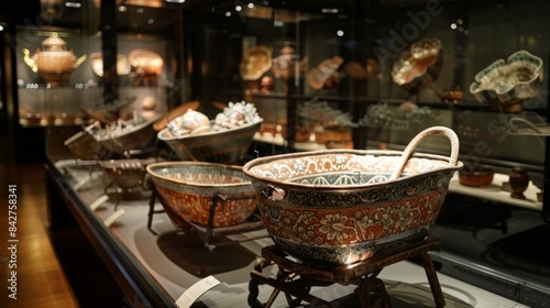 The display includes a selection of archaic wheelbarrows adorned with elaborate patterns and engravings hinting at their former status as symbols of prestige.