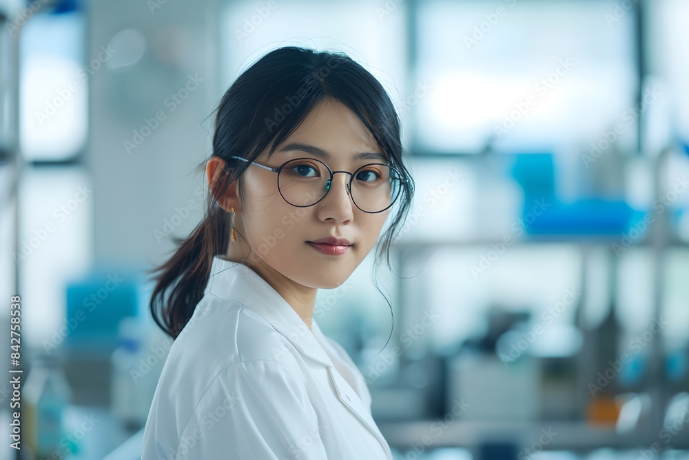 Fototapeta premium Asian female scientist in modern laboratory. Science and research concept. Portrait of confident woman researcher in lab with arms crossed