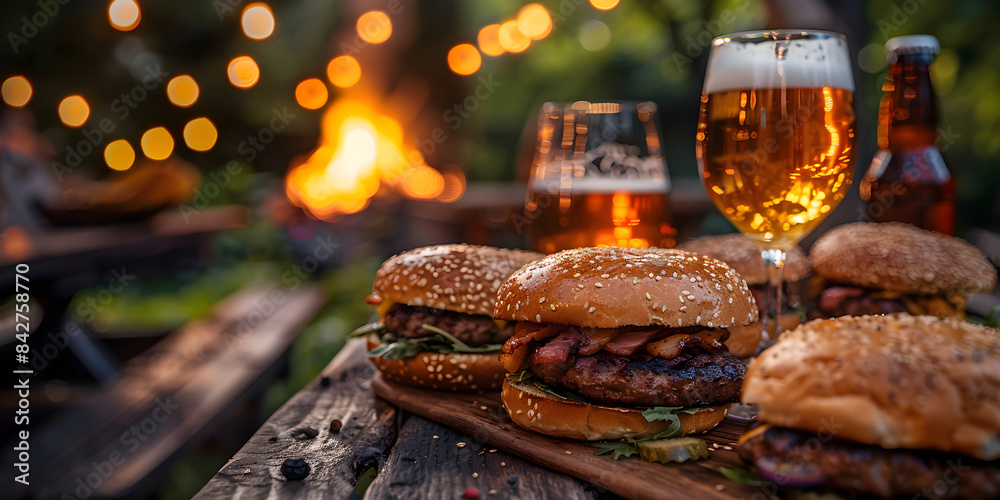 Burgers and beer on wooden table for 4th of July celebration. Blurry nature background sets the scene for a patriotic outdoor gathering. Burgers and beer on wooden table for 4th of July celebration. Blurry nature background sets the scene for a patriotic outdoor gathering.