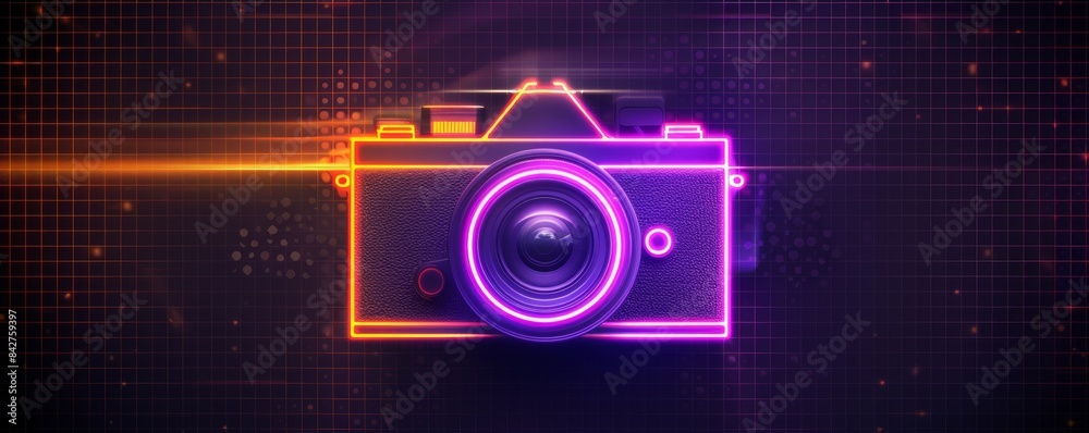 Neon outline of a retro camera on a dark grid background. Futuristic technology and photography concept Neon outline of a retro camera on a dark grid background. Futuristic technology and photography concept