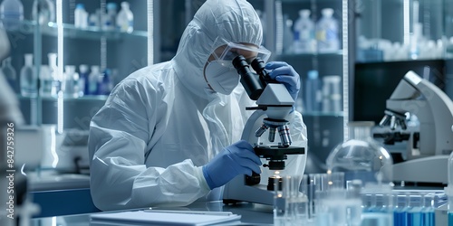 Scientist in protective clothing using a microscope in laboratory. Science and research concept. Chemistry, biology and biochemistry. Researcher in lab with advanced equipment