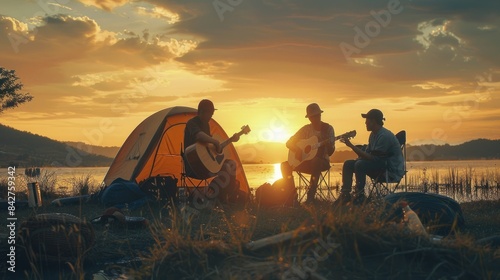 group of camping enjoy playing music guitar with tents near lake at twilight sunset AI generated