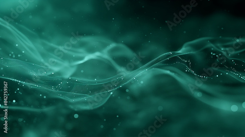 Soft teal particles are suspended in sinuous waves, crafting an underwater dreamlike abstract scene