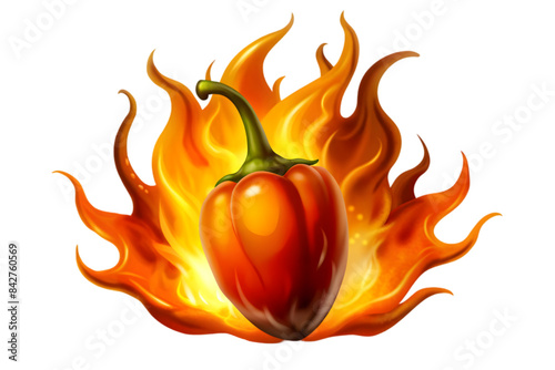 Habanero Pepper Surrounded by Fire - Isolated on Transparent Background - Spicy Food Concept - Hot Pepper - Vector Illustration