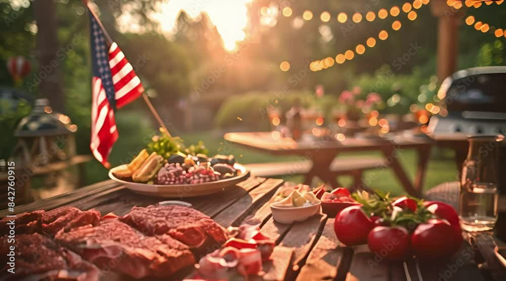 Barbecue party with grilled food in backyard with American flags. 4th of July, USA Independence Day