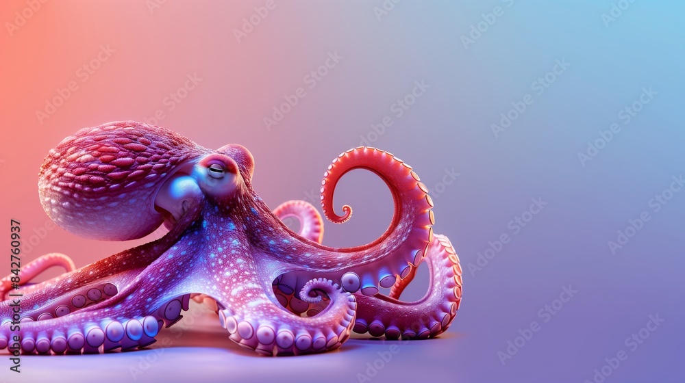Obraz premium Vivid Purple And Pink Octopus On Blue And Coral Gradient Background In Realistic 3D Digital Marine Illustration