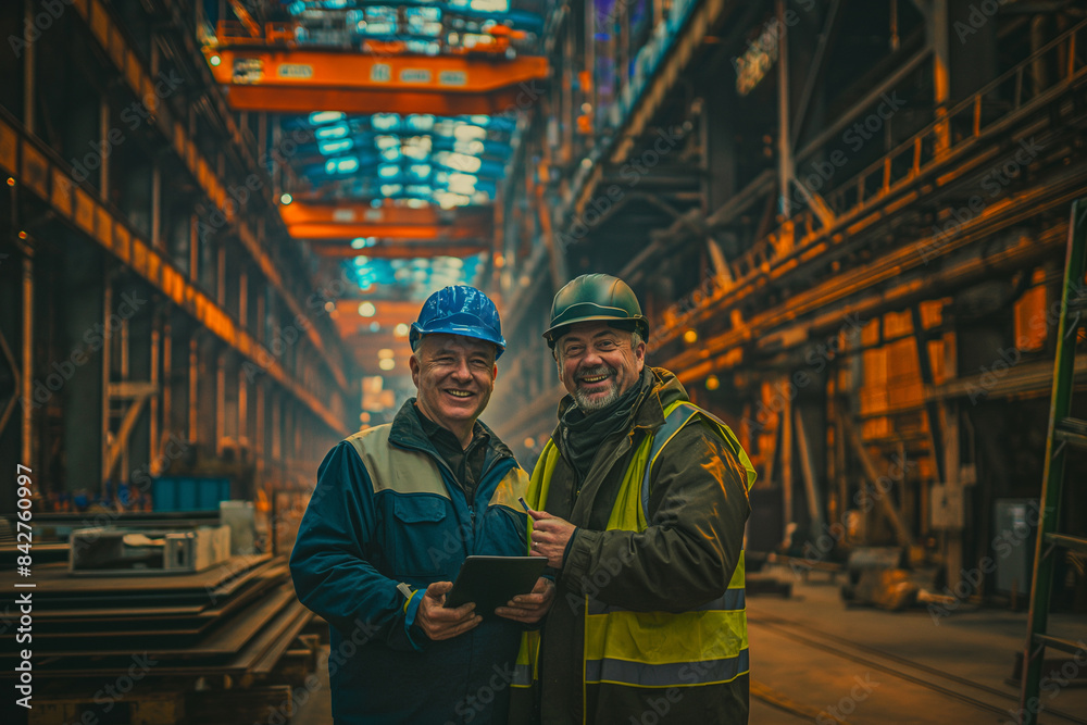 Male and Female Industrial Engineers in Hard Hats Discuss New Project while Using Laptop. They Make Showing Gestures.They Work in a Heavy Industry Manufacturing Factory. Male and Female Industrial Engineers in Hard Hats Discuss New Project while Using Laptop. They Make Showing Gestures.They Work in a Heavy Industry Manufacturing Factory.