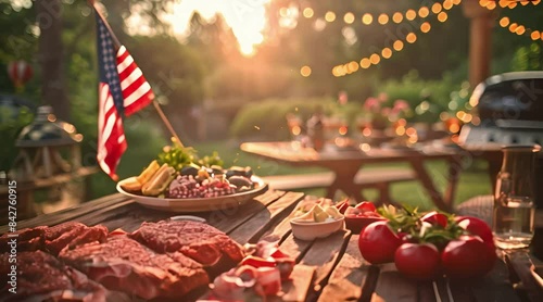 Barbecue party with grilled food in backyard with American flags. 4th of July, USA Independence Day