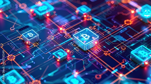 Bitcoin cryptocurrency flowing through glowing circuit board