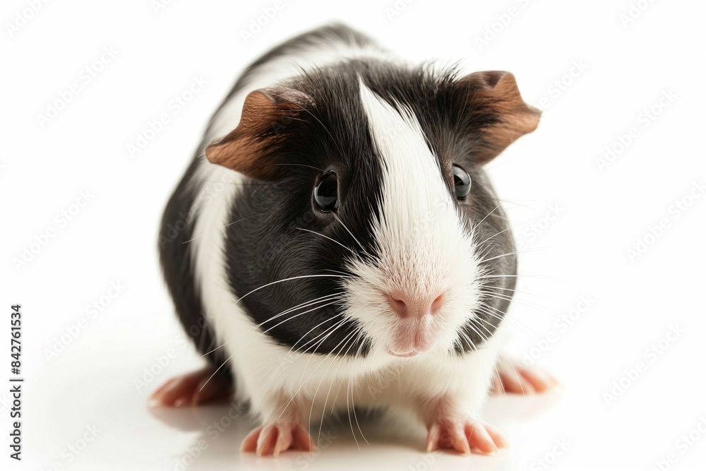 A studio photo of a cute guinea pig against a background of pastel shades, taken with soft lighting. The guinea pig stands off-centre. 