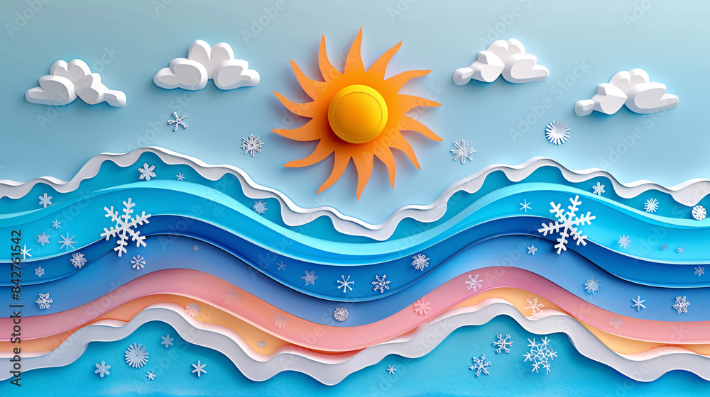 Vibrant summer beach scene with 3D paper cut-out elements of waves, sun, and snowflakes, creating a whimsical and contrasting illustration Vibrant summer beach scene with 3D paper cut-out elements of waves, sun, and snowflakes, creating a whimsical and contrasting illustration