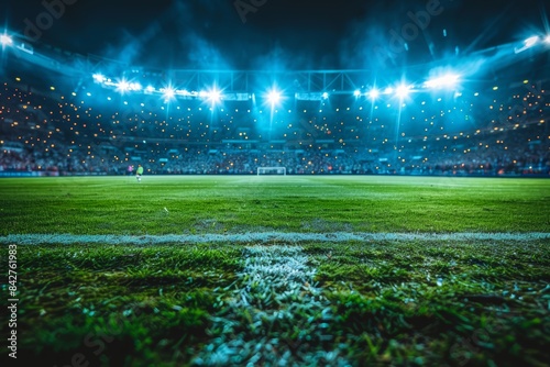 Soccer field with cheering fans and bright lights