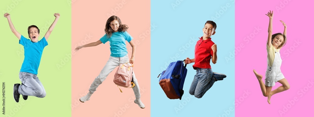 Collage of different cute children jumping on color background Collage of different cute children jumping on color background