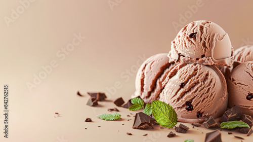 Chocolate ice cream balls with chocolate chunks and fresh mint leaves on brown background. Copy space  menu  recipe. Chocolate gelato  gelateria promotion  advertising food photo. Summer dessert