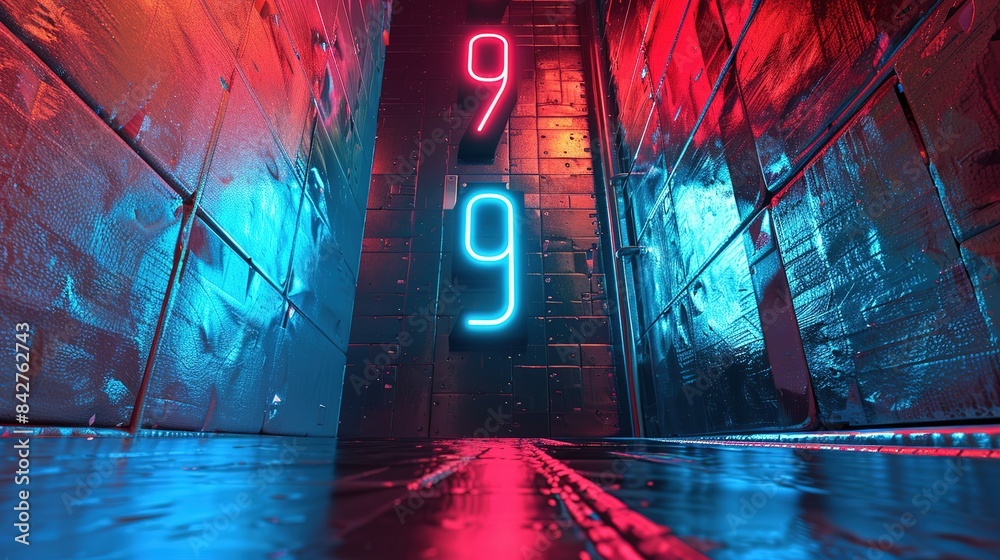 Naklejka premium Number 9 Poster: Metallic Texture, Red and Blue, Three-Dimensional 3D Effect with Occlusion Rendering, Indoor Lighting, High-Definition